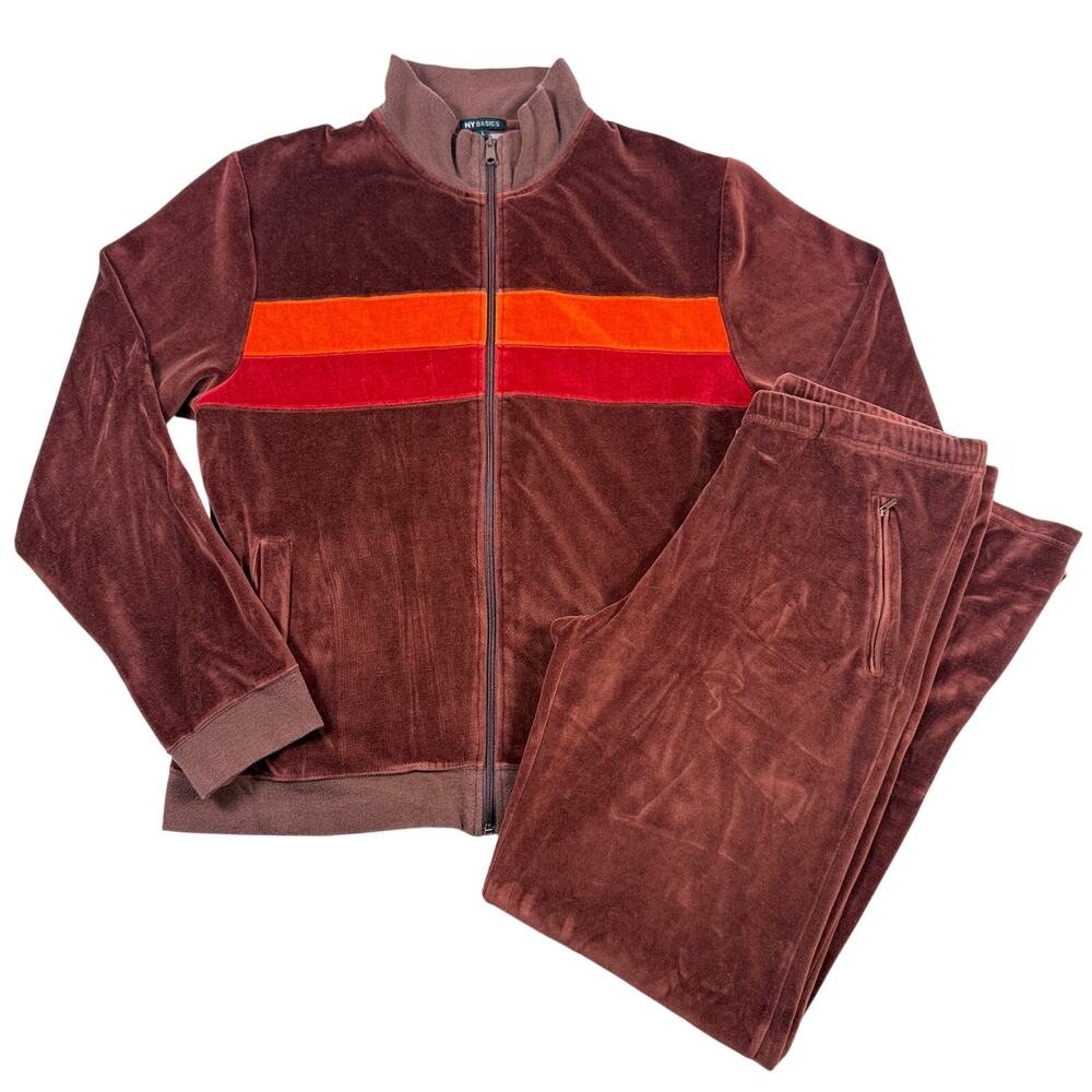 Velour Tracksuit Womens M/L Brown Orange Red Colorblock NY Basics 2 Piece Set